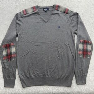 Fred Perry Mens Grey Merino Wool Cotton V-Neck Sweater Plaid Elbow Patch M K2203